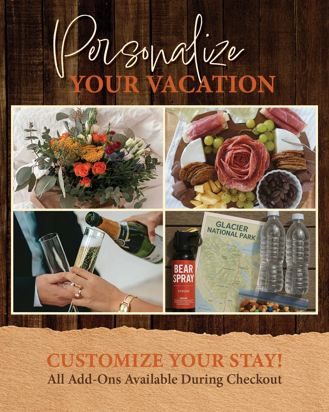 Vacation add-ons including champagne, bouquet, and Glacier Kit at Glacier International Lodge - personalize your Kalispell hotel stay with checkout upsells