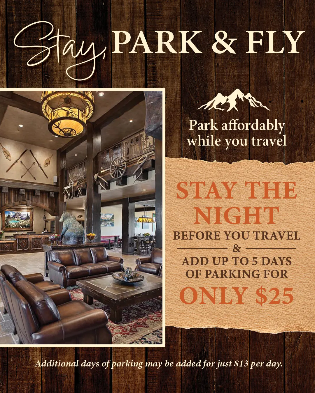 Stay, Park & Fly package at Glacier International Lodge - overnight stay plus up to 5 days extended parking with 24/7 airport shuttle for $25